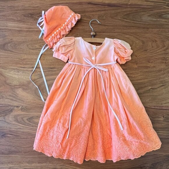 Custom Dyed Orange Ombre Dress with Lace & Ribbon Trim Skinny Sash & Bonnet - Picture 2 of 7